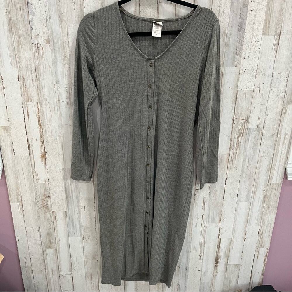 Wrapper Long Sleeve Button Front Ribbed Midi Dress Small Y2K Minimalist
